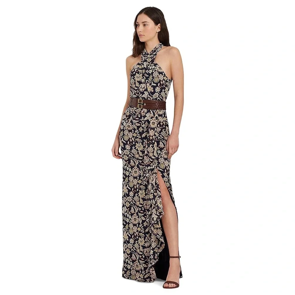 NWT Lauren Ralph Lauren Floral Ruffle-Trim Georgette Halter Gown Maxi Dress - Picture 2 of 9